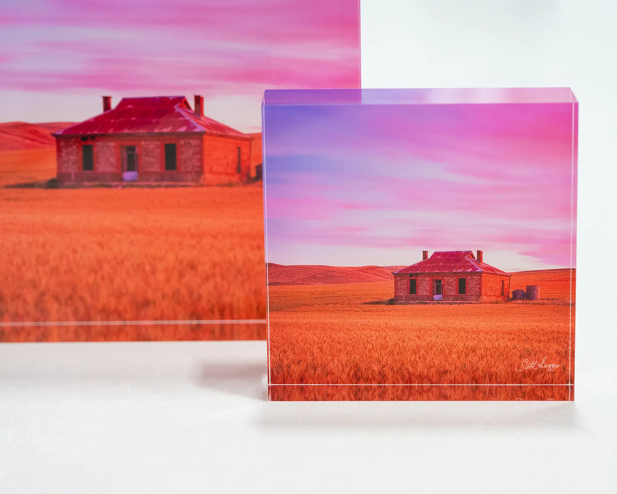 Pioneer. Acrylic block Burra Homestead, South Australia, on display with larger block behind.