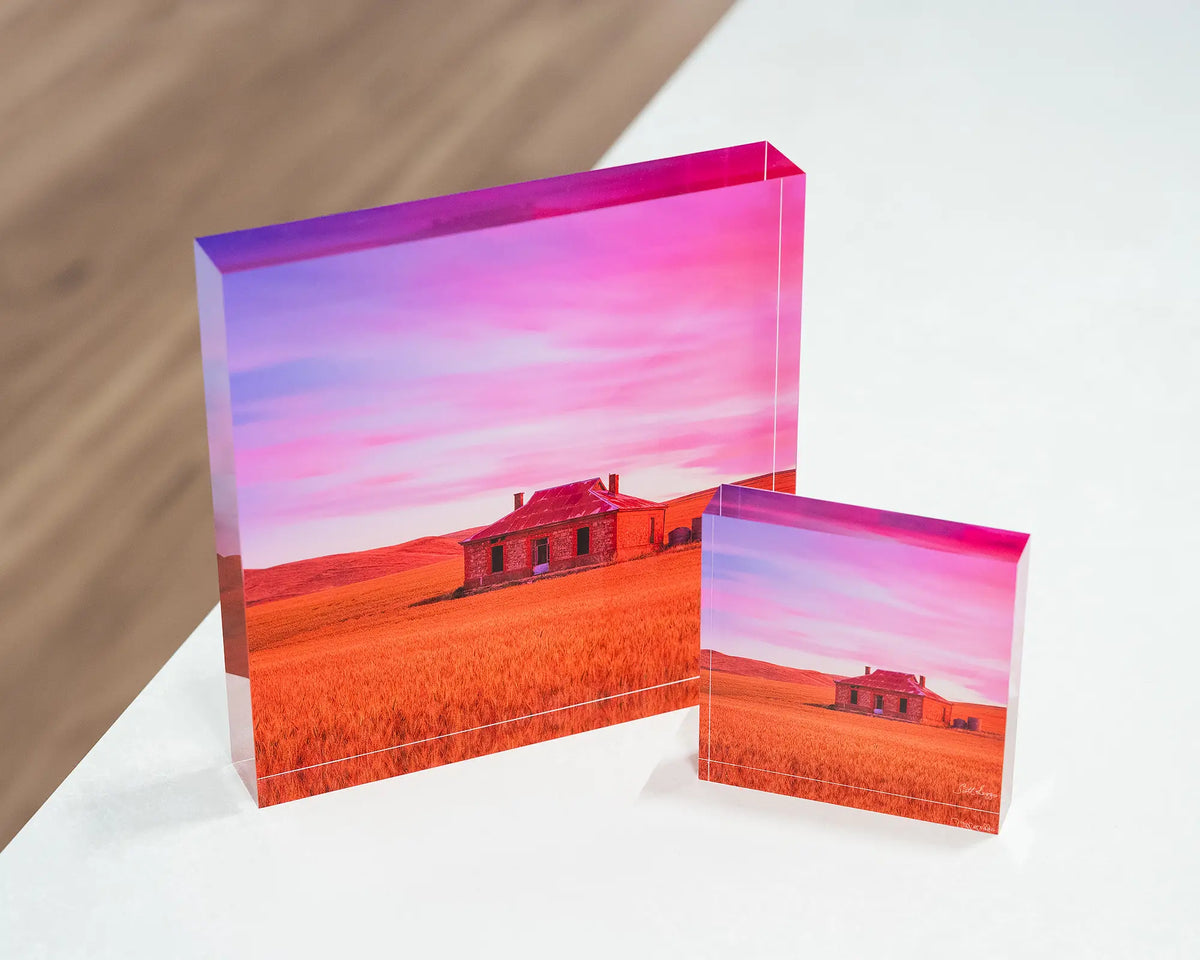 Pioneer. Burra Homestead, South Australia, 19cm and 10cm acrylic blocks on display in gallery.