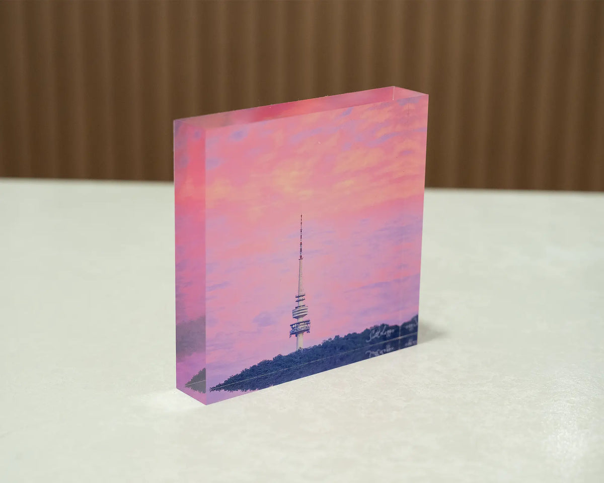 Pointer. Acrylic block of sunrise at Telstra Tower Canberra.
