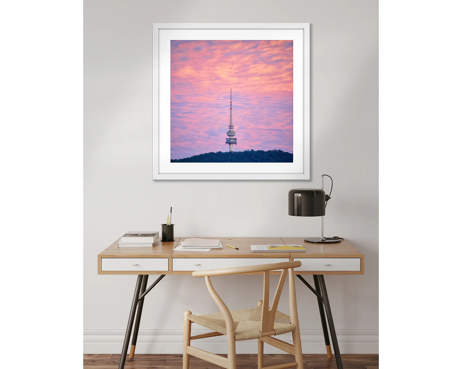 Pointer. Pink sky at sunrise with Telstra Tower, Black Mountains, Canberra.