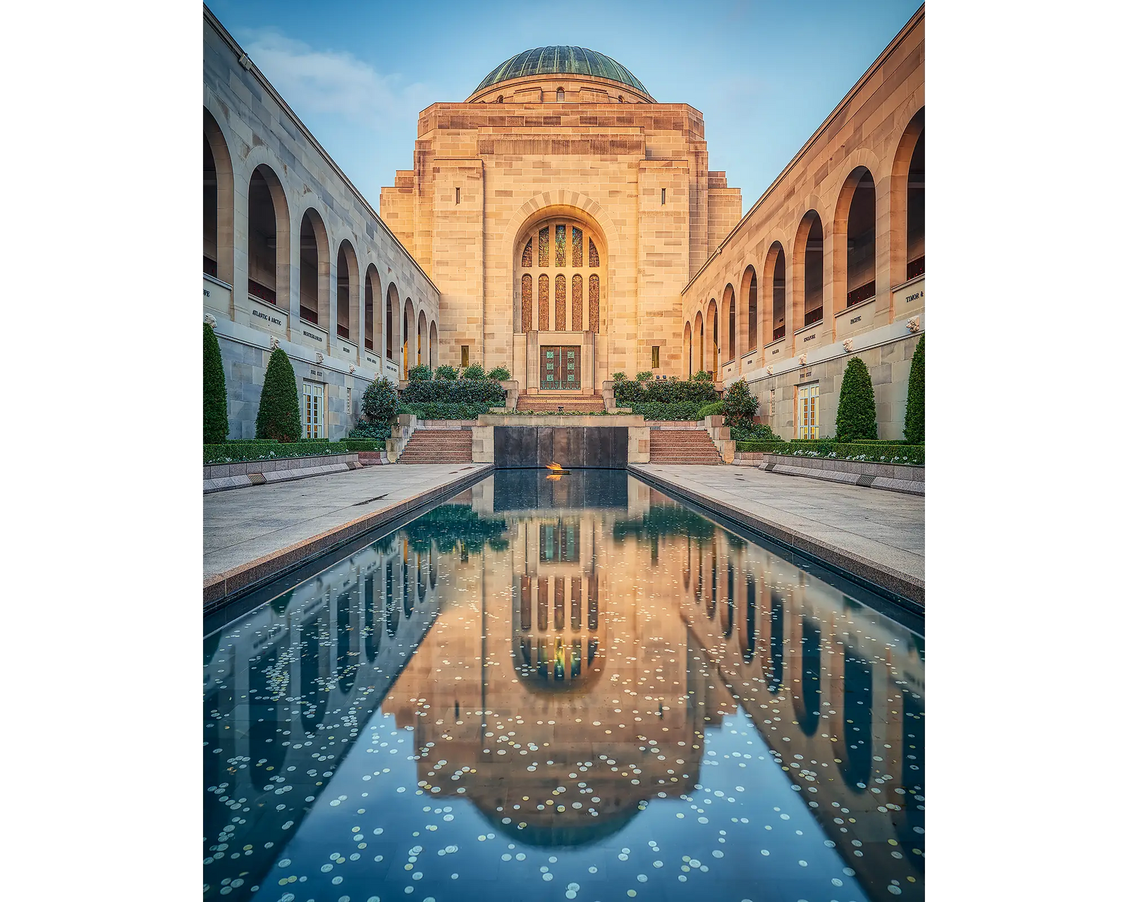 Pool of Reflection. Acrylic block of the Australian War Memorial at sunset. Canberra artwork.