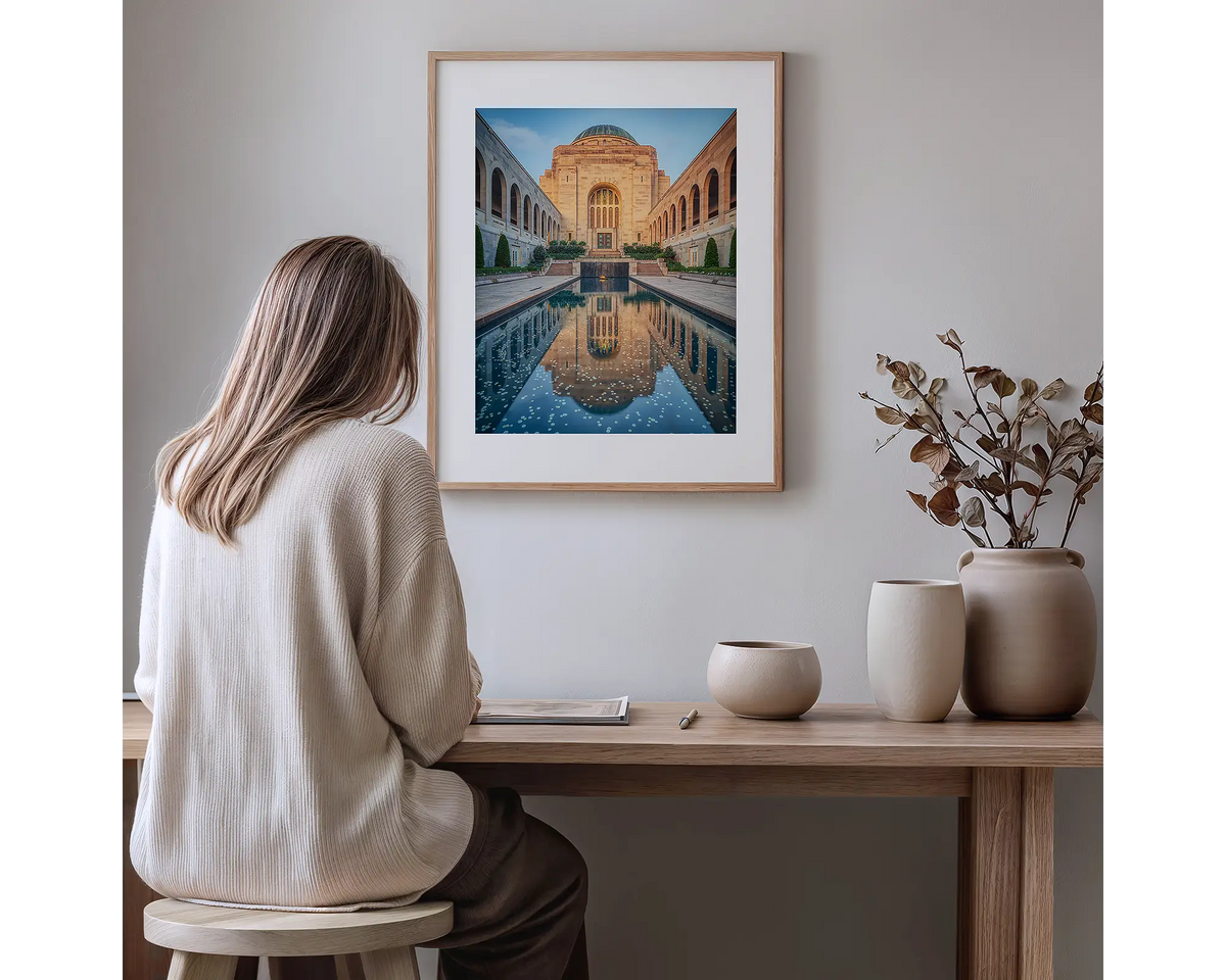 Pool of Reflection. Australian War Memorial photography artwork, with a timber frame, hung in a study nook. 