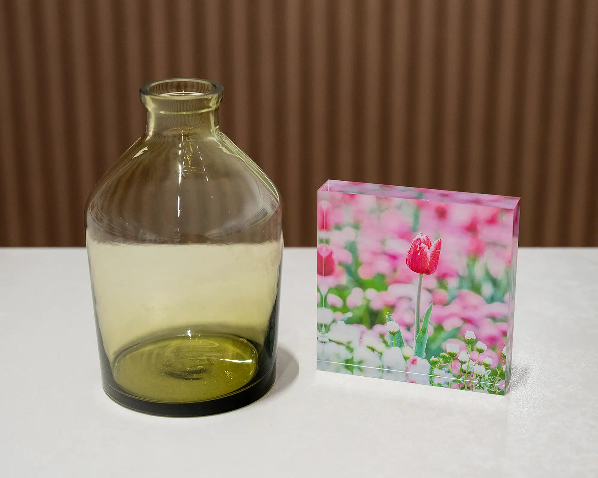 Pretty In Pink. Acrylic block of Floriade tulip in Spring, styled with small glass vase.