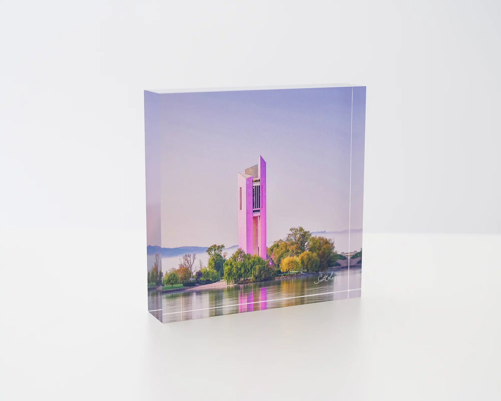 Purple Popsicle. Acrylic block of National Carillon Canberra, with purple lights.