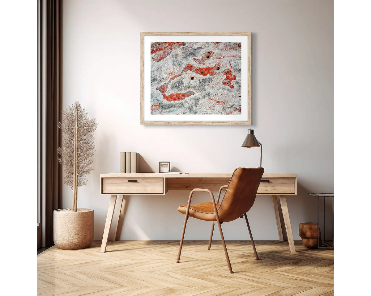 Pursuit. Abstract photographic wall art print with a Tassie oak frame, hung above a scandi office desk. 