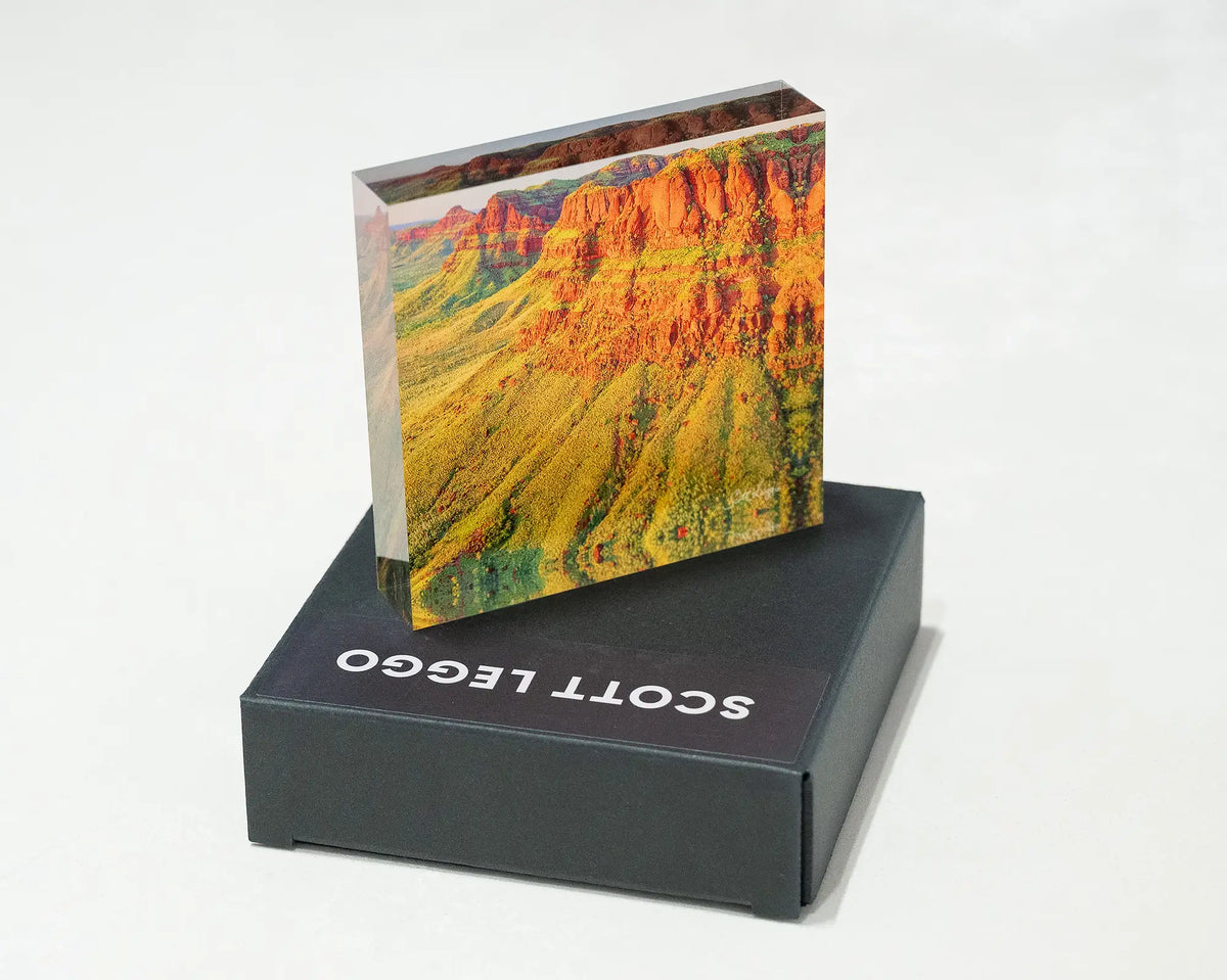 Ragged Bluff. Acrylic block Ragged Range, The Kimberley, placed on gift box.