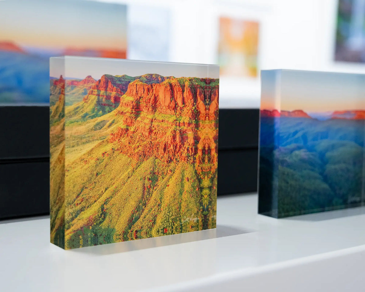 Ragged Bluff. Acrylic block Ragged Range, The Kimberley, Western Australia, displayed in gallery.