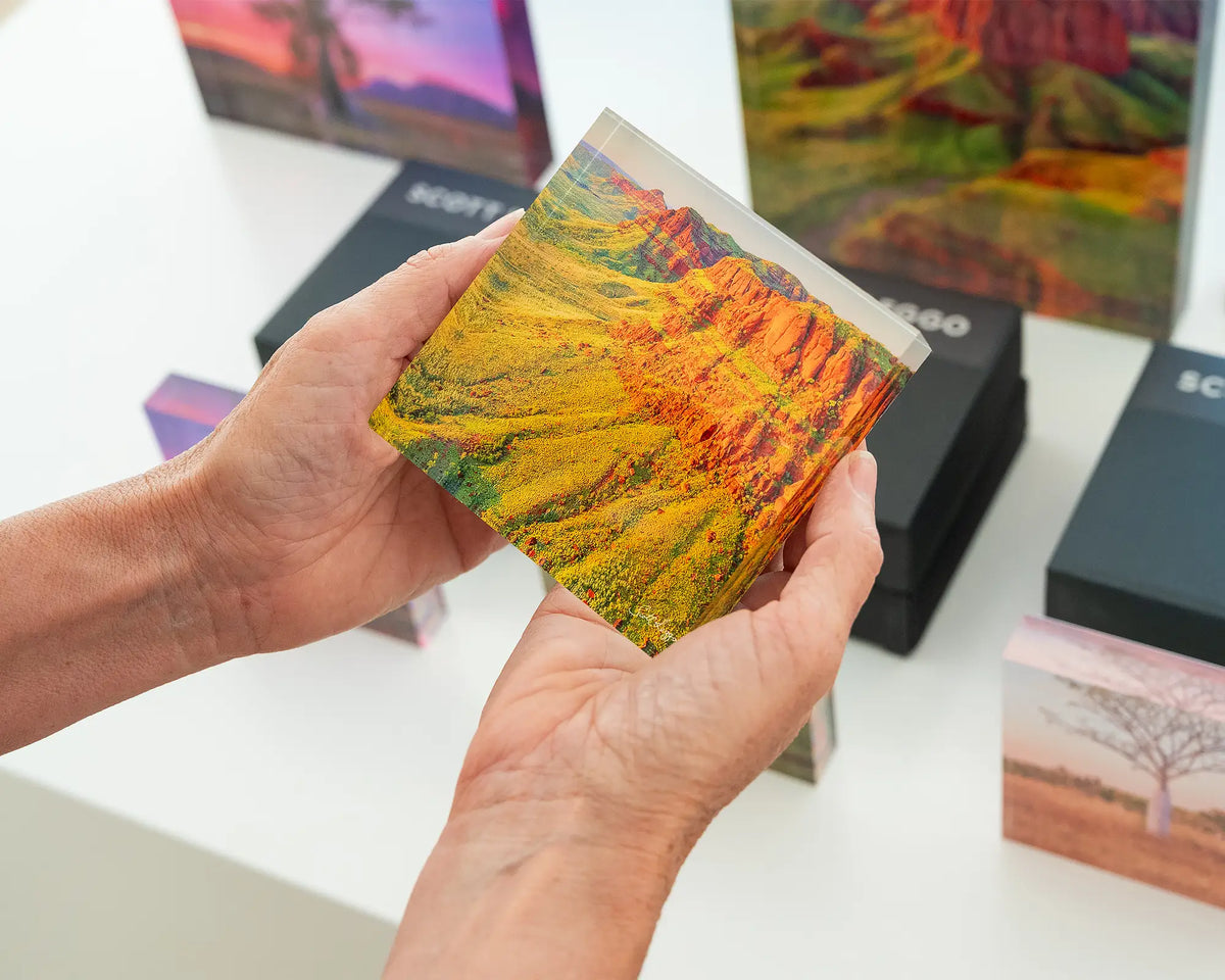 Ragged Bluff. Acrylic block Ragged Range the Kimberley Western Australia, hand held in gallery.