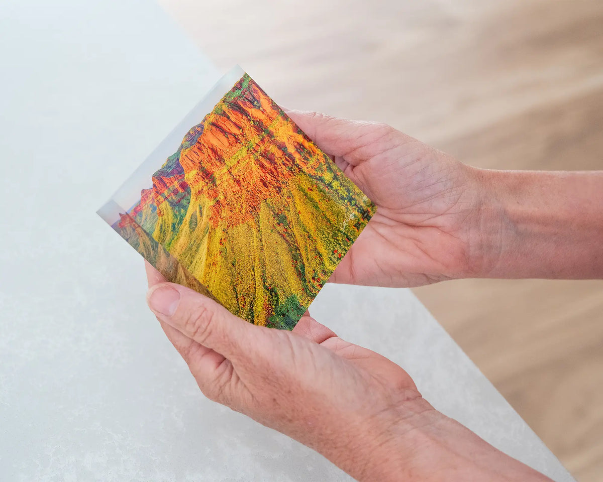 Ragged Bluff. Acrylic block Ragged Range the Kimberley Western Australia, held in hands.