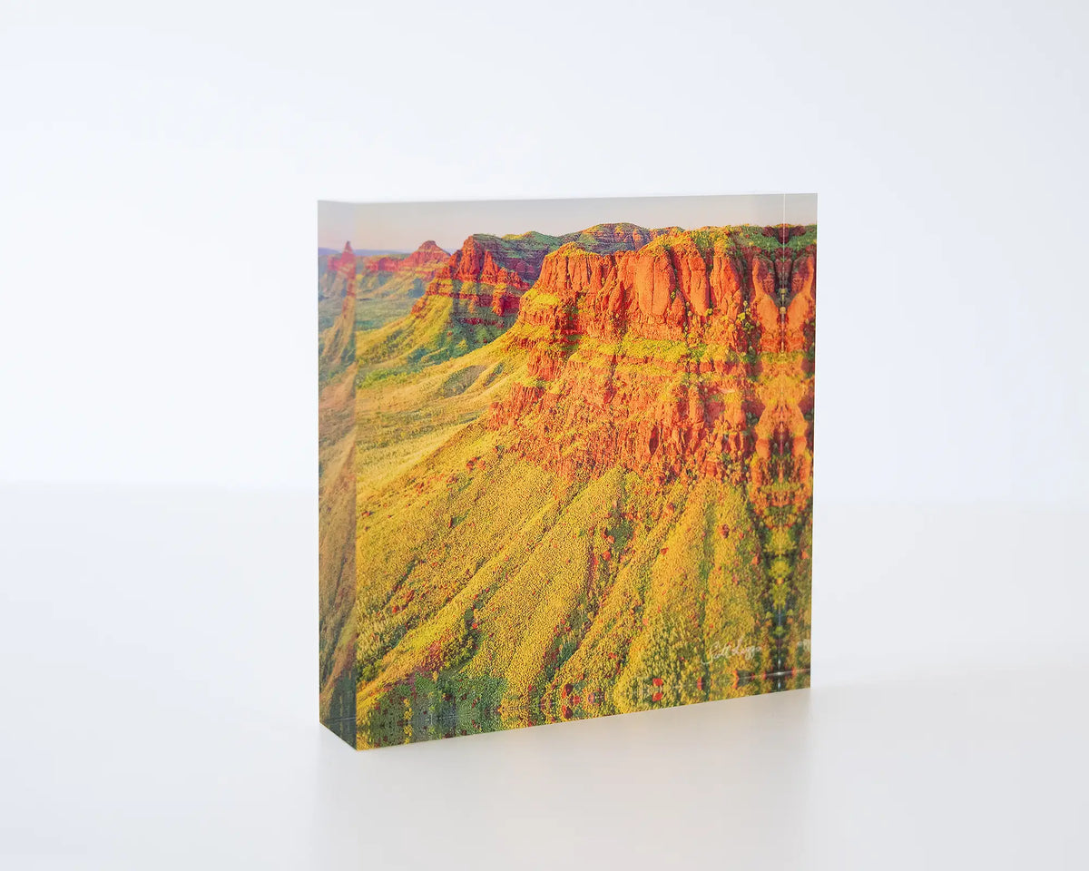 Ragged Bluff. Acrylic block Ragged Range the Kimberley Western Australia, on desk.