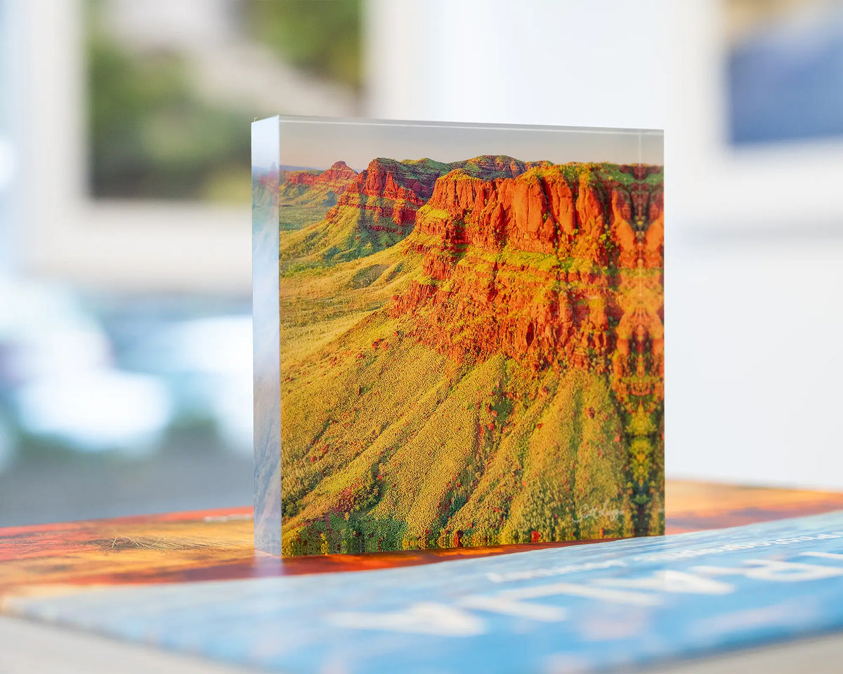 Ragged Bluff. Acrylic block Ragged Range, The Kimberley, Western Australia, on display in gallery.