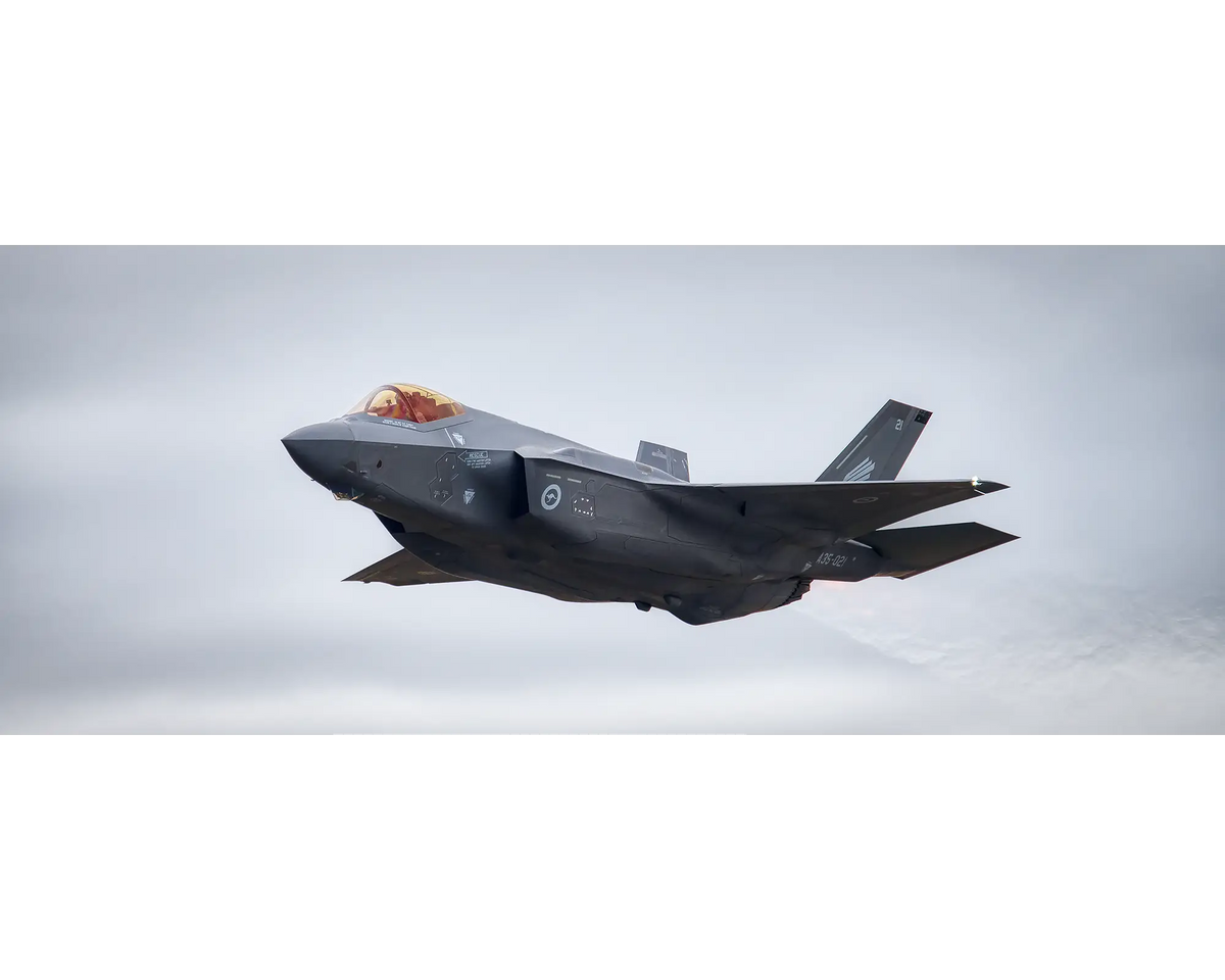 F-35 Joint Strike Fighter from Royal Australian Air Force (RAAF) in lfight with full afterburner.