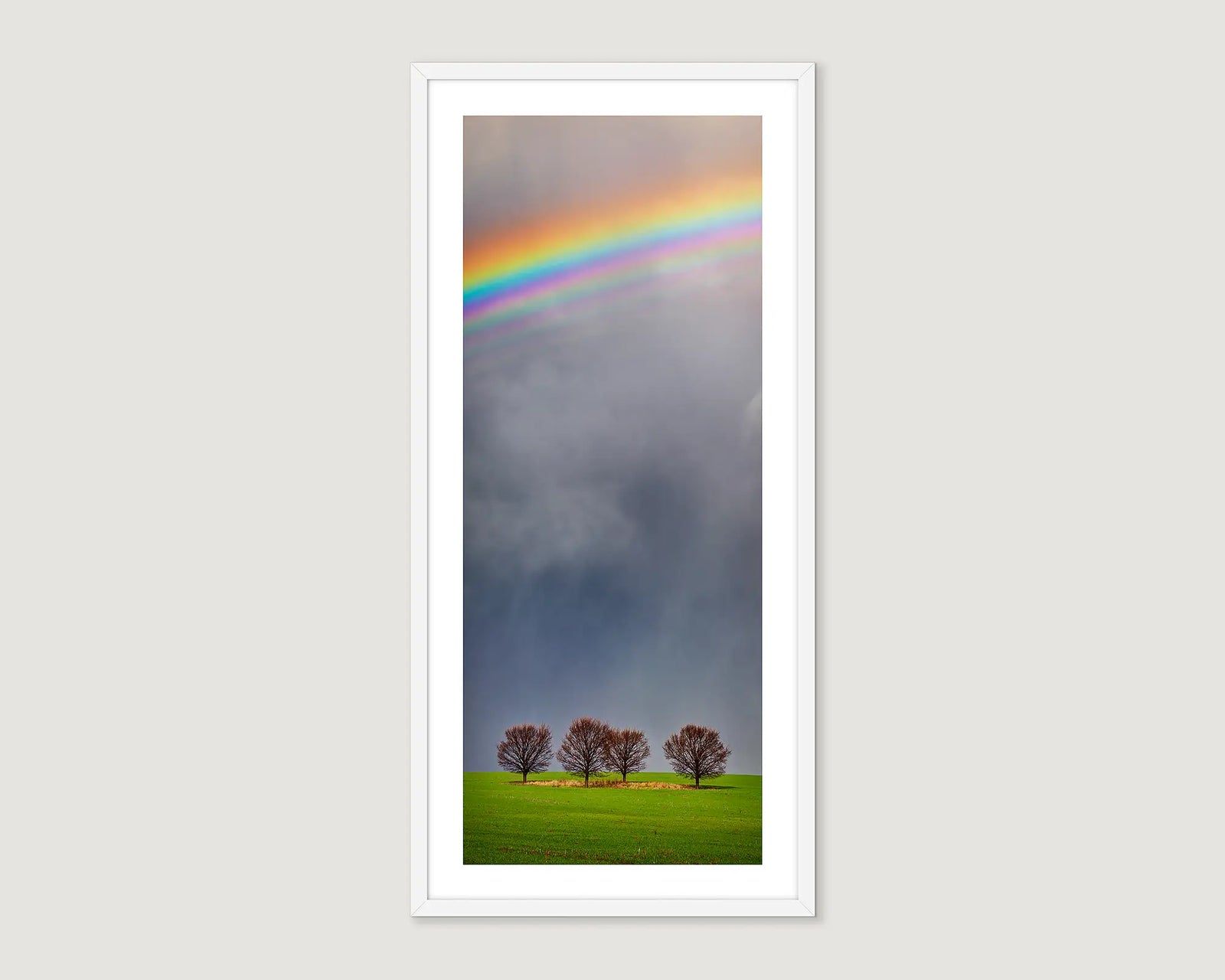 Framed photograph of a rainbow over green grass against a cloudy sky.
