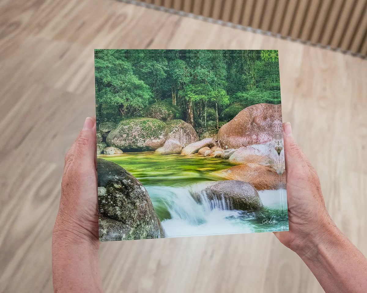 Rainforest Rocks. 19cm acrylic block of Mossman Gorge Queensland, held in hands.