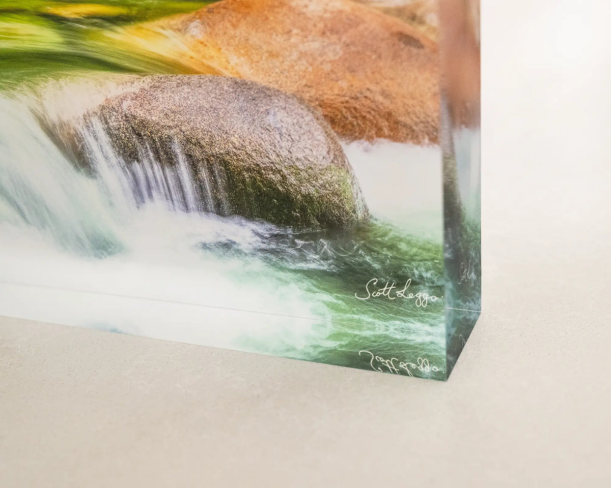 Rainforest Rocks. Acrylic block of Mossman Gorge Queensland, close-up corner view.