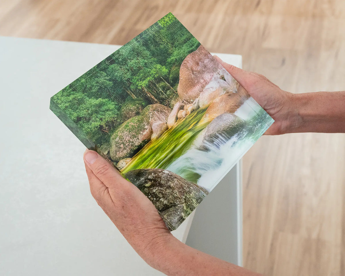 Rainforest Rocks. Acrylic block of Mossman Gorge Queensland, held in hands.