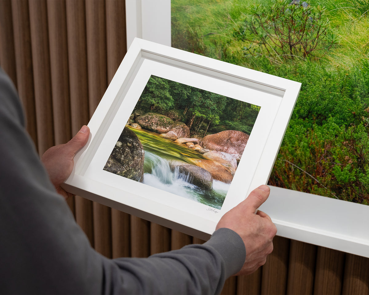 Rainforest Rocks. Mossman Gorge, Queensland, with white frame, hand held in gallery.