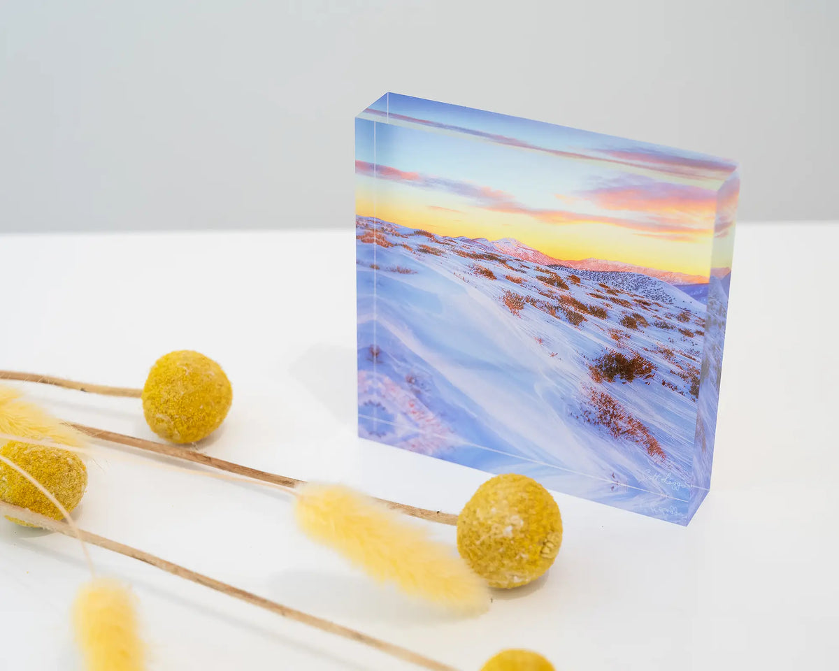 Razorback Dawn. Acrylic block of sunrise light over the razorback leading to Mount Feathertop, styled with dried flowers.