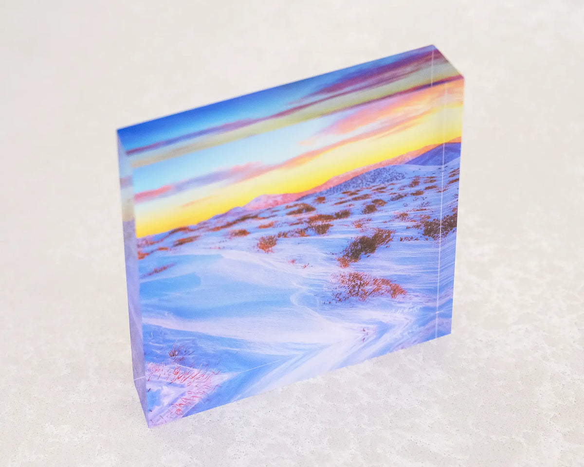 Razorback Dawn. Acrylic block of sunrise light over the Razorback leading to Mount Feathertop, top corner view showing 3D effect.
