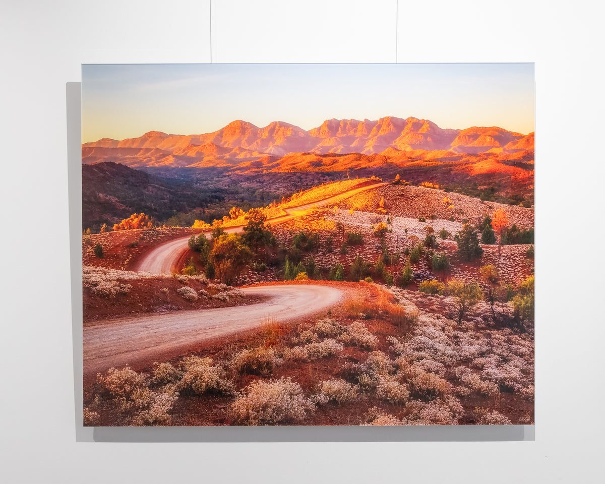 Razorback Ridge. Sunrise over Wilpena Pound, Flinders Ranges, South Australia, frameless acrylic.