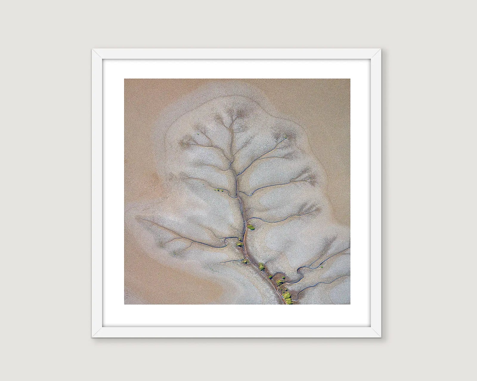 Framed abstract photograph of tidal flats in earthy tones.