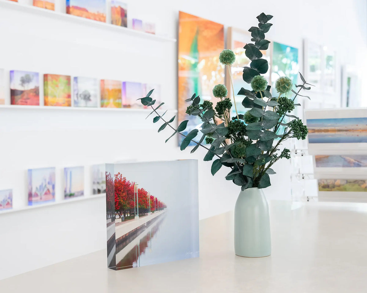 Red Serenity. Acrylic block of autumn trees lining Lake Burley Griffin, Canberra, styled with a small flower vase and artworks in background.