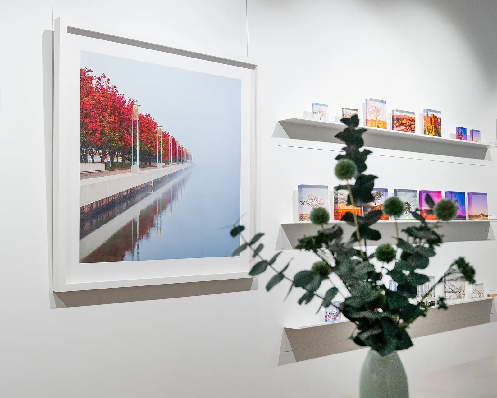 Framed landscape photograph of red autumn trees on a misty lake.
