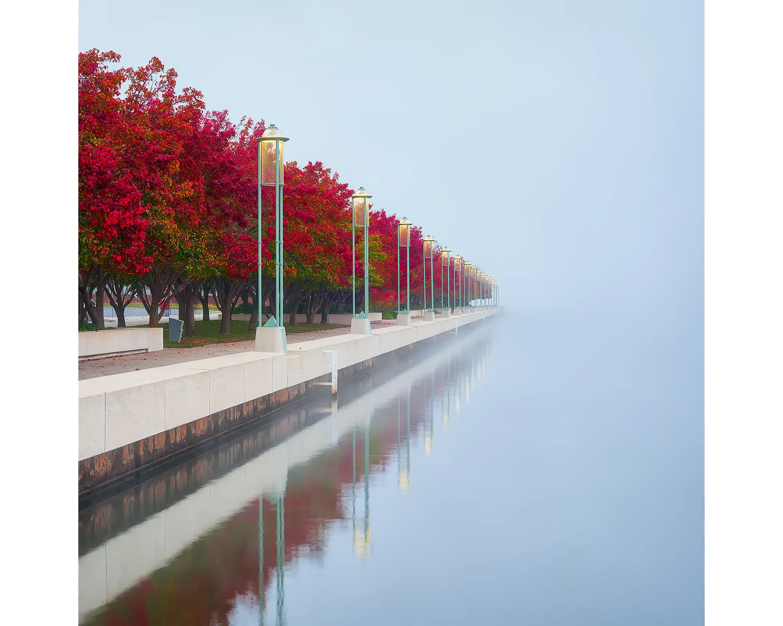 Red Serenity. Acrylic block Lake Burley Griffin in Fog Artwork, Canberra.