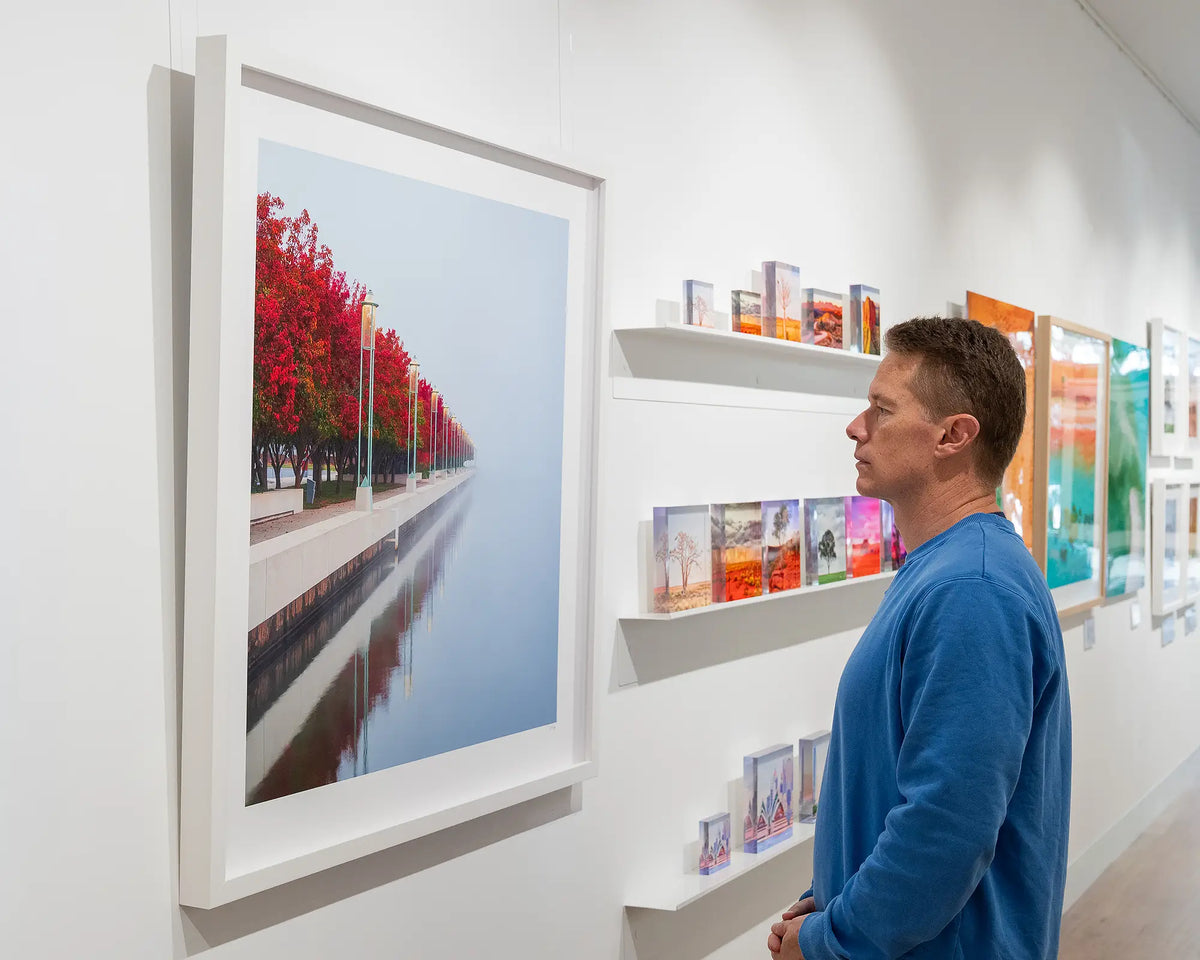 Red Serenity. Wall art print of fog at Lake Burley Griffin, Canberra, viewed in gallery.
