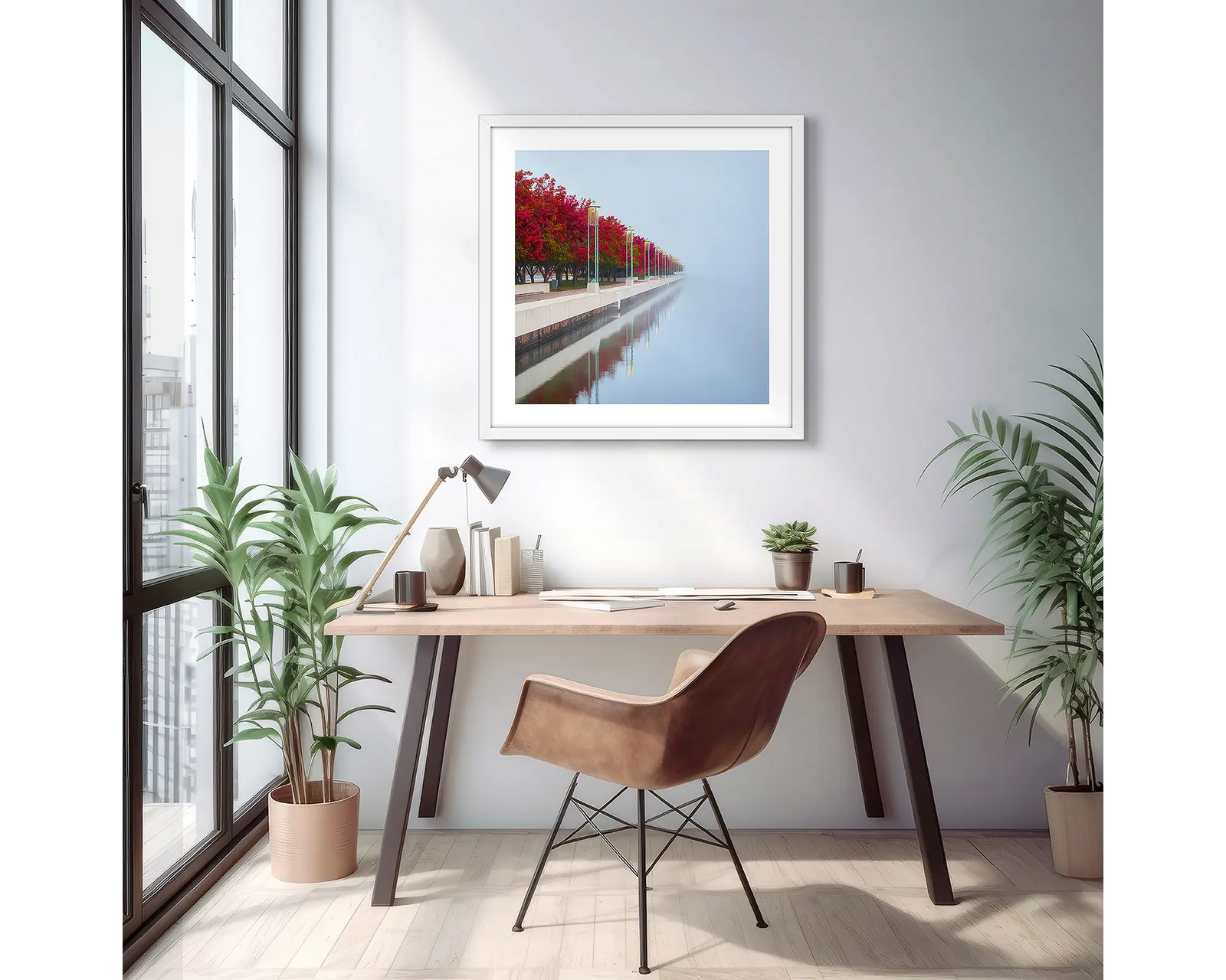 Red Serenity. Red autumn trees in fog beside Lake Burley Griffin, Canberra.