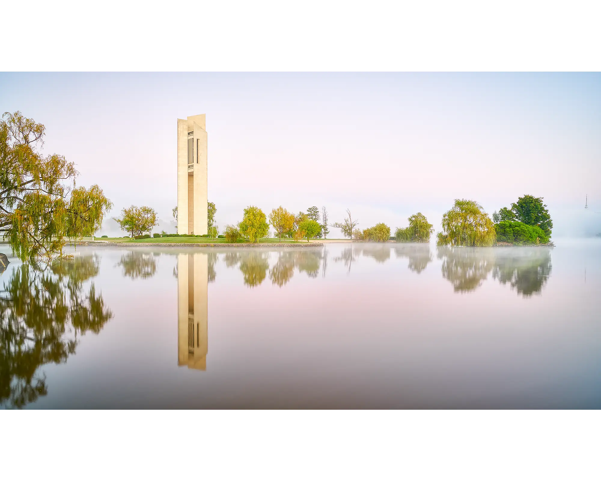 Reflective - Carillon with fog and reflections in Lake Burley Griffin, Canberra.