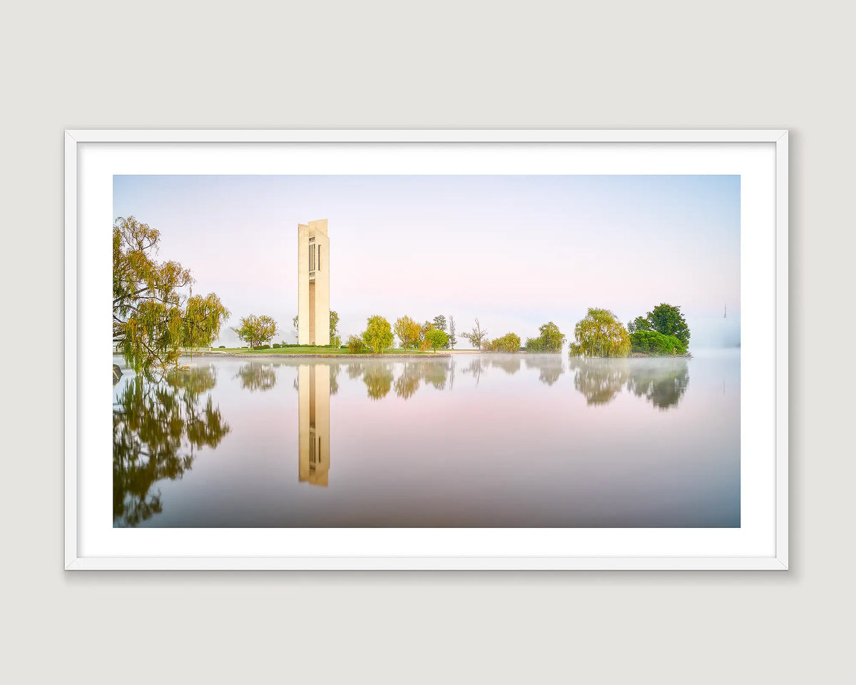 Framed landscape photograph of the Carillon on Lake Burley Griffin on a clear morning.