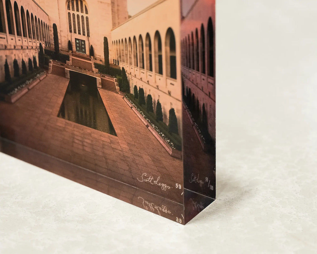 Remembrance. Acrylic block of the Australian War Memorial Canberra, corner close-up details.