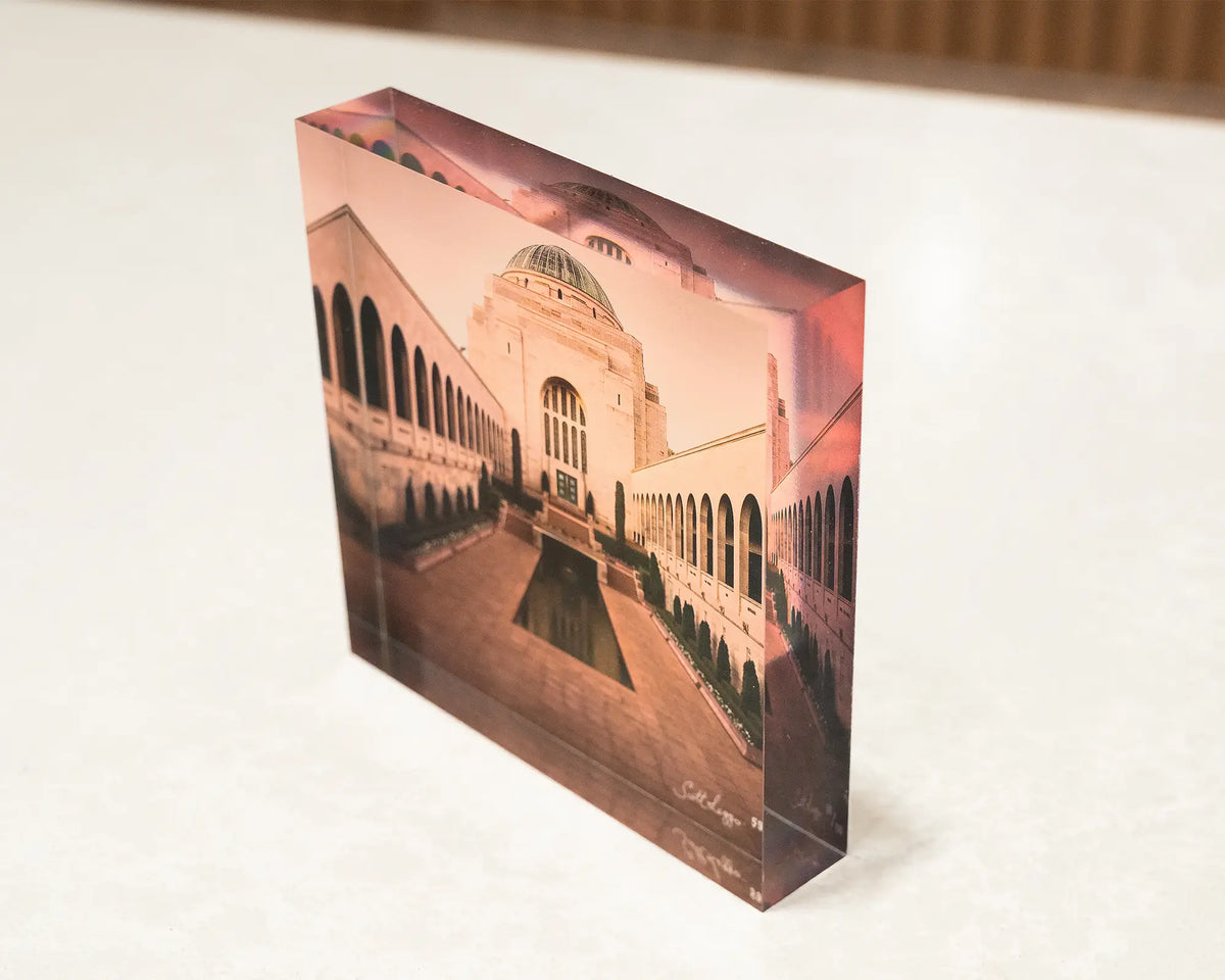 Remembrance. Acrylic block of the Australian War Memorial Canberra, top side view showing details.