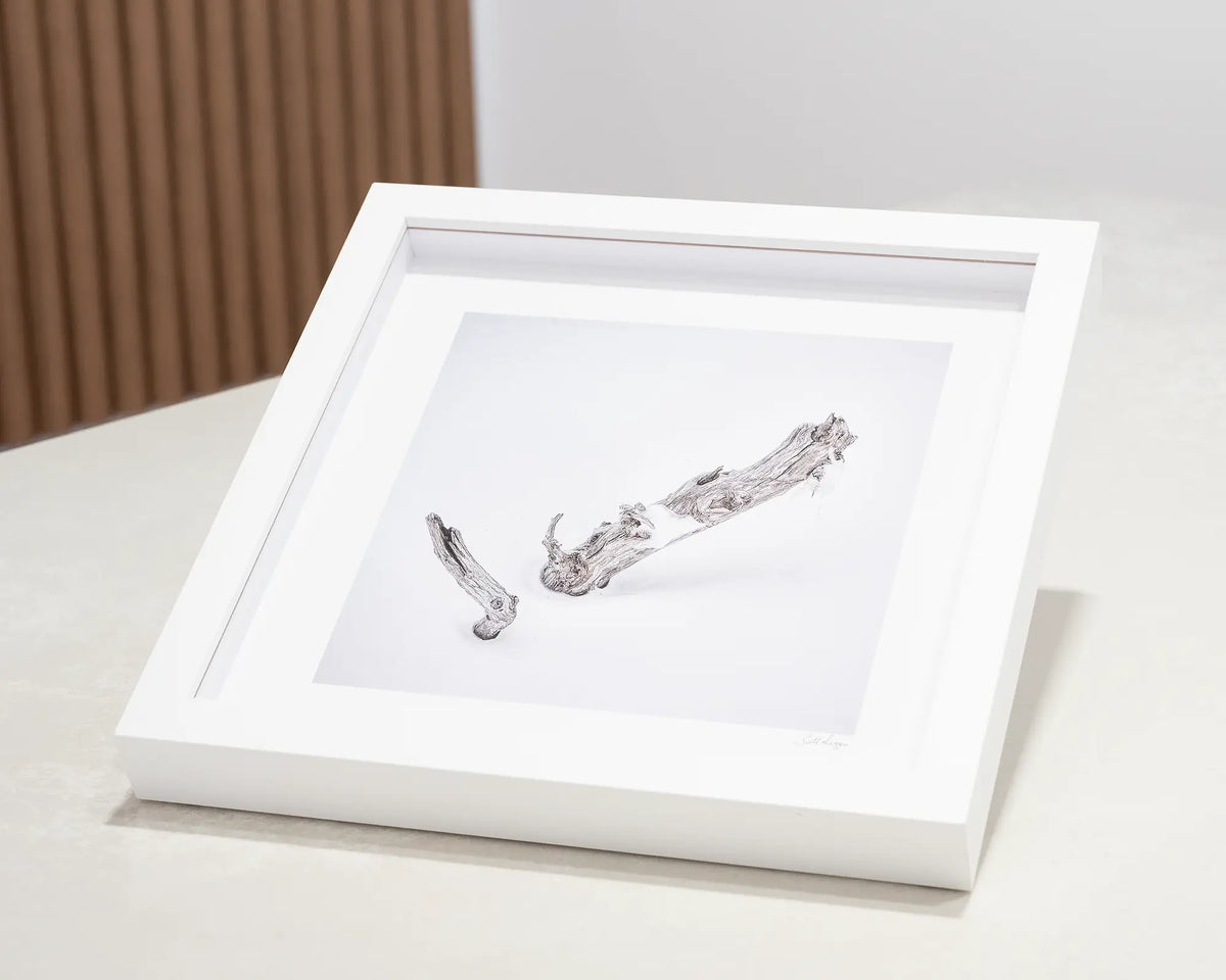 Remnant. Small framed print of old snow gum with white frame sitting on a desk.
