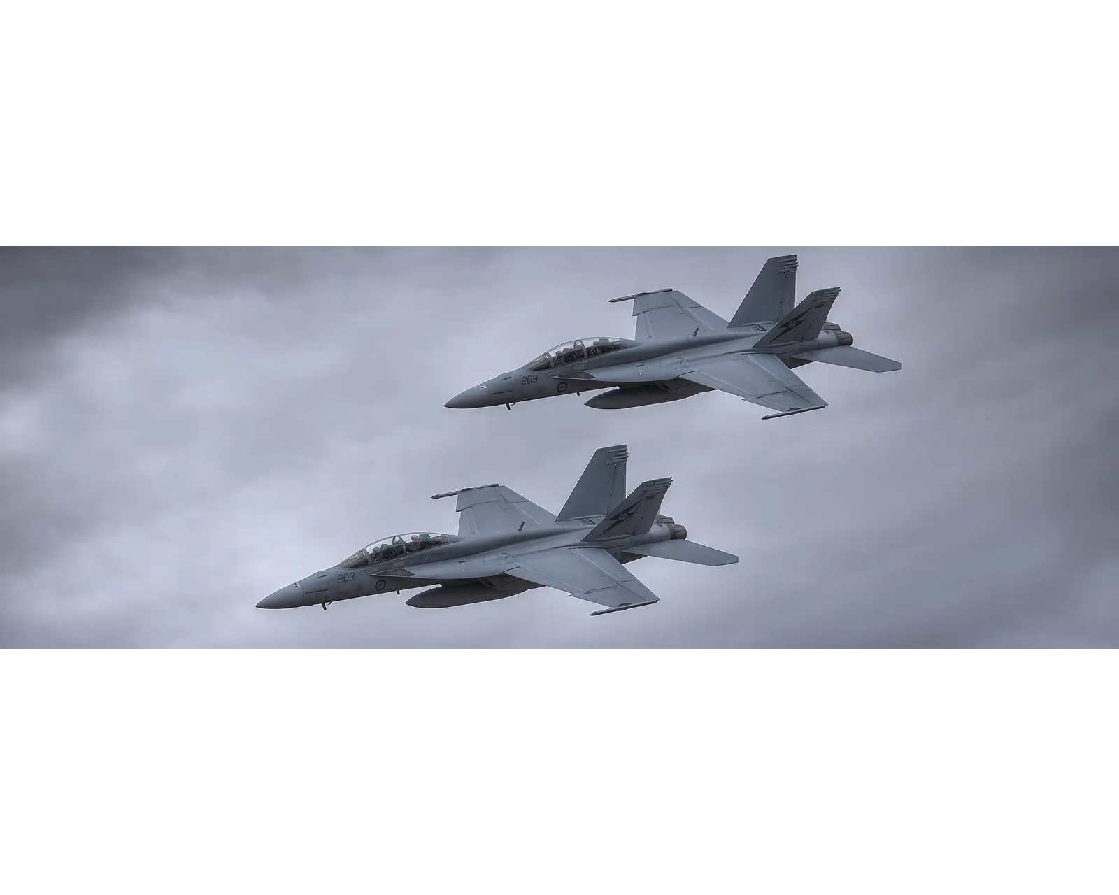 Royal Australian Air Force F/A-18 F Super Hornets, Squadron 1, flying in formation. 