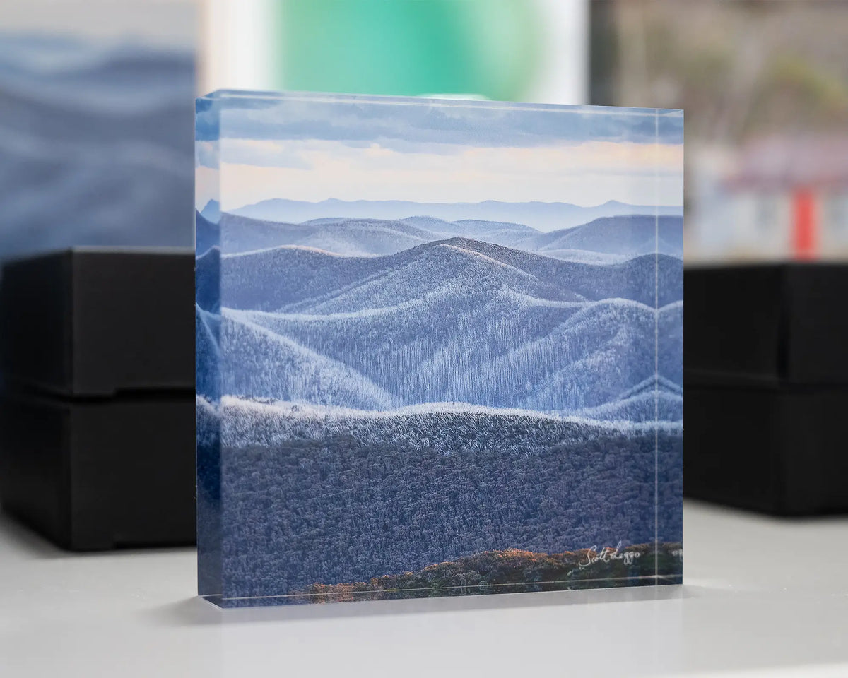 Rise And Fall. Acrylic block of Victorian high country displayed in gallery with more alpine acrylic blocks.