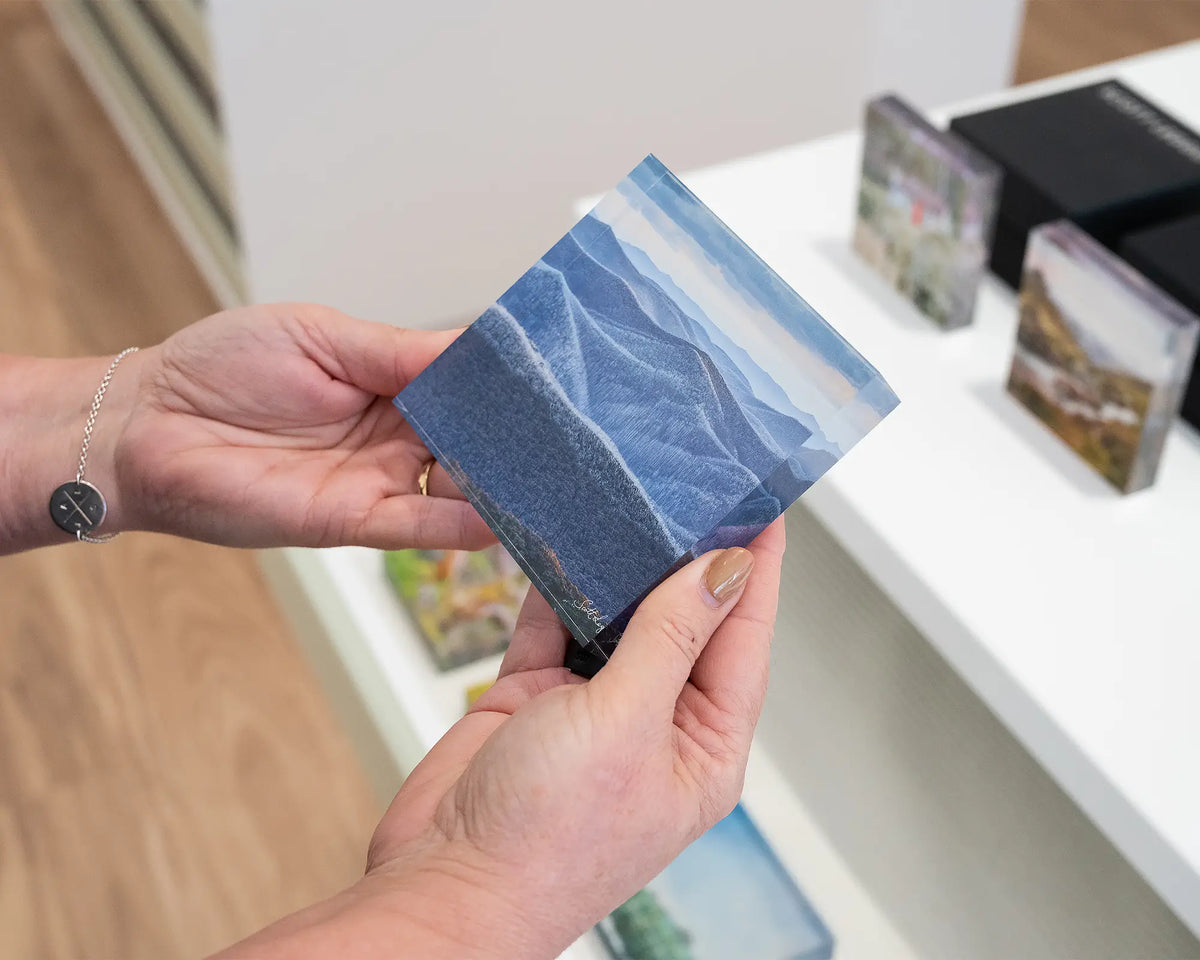 Rise and Fall. Victorian high country acrylic block being hand held.