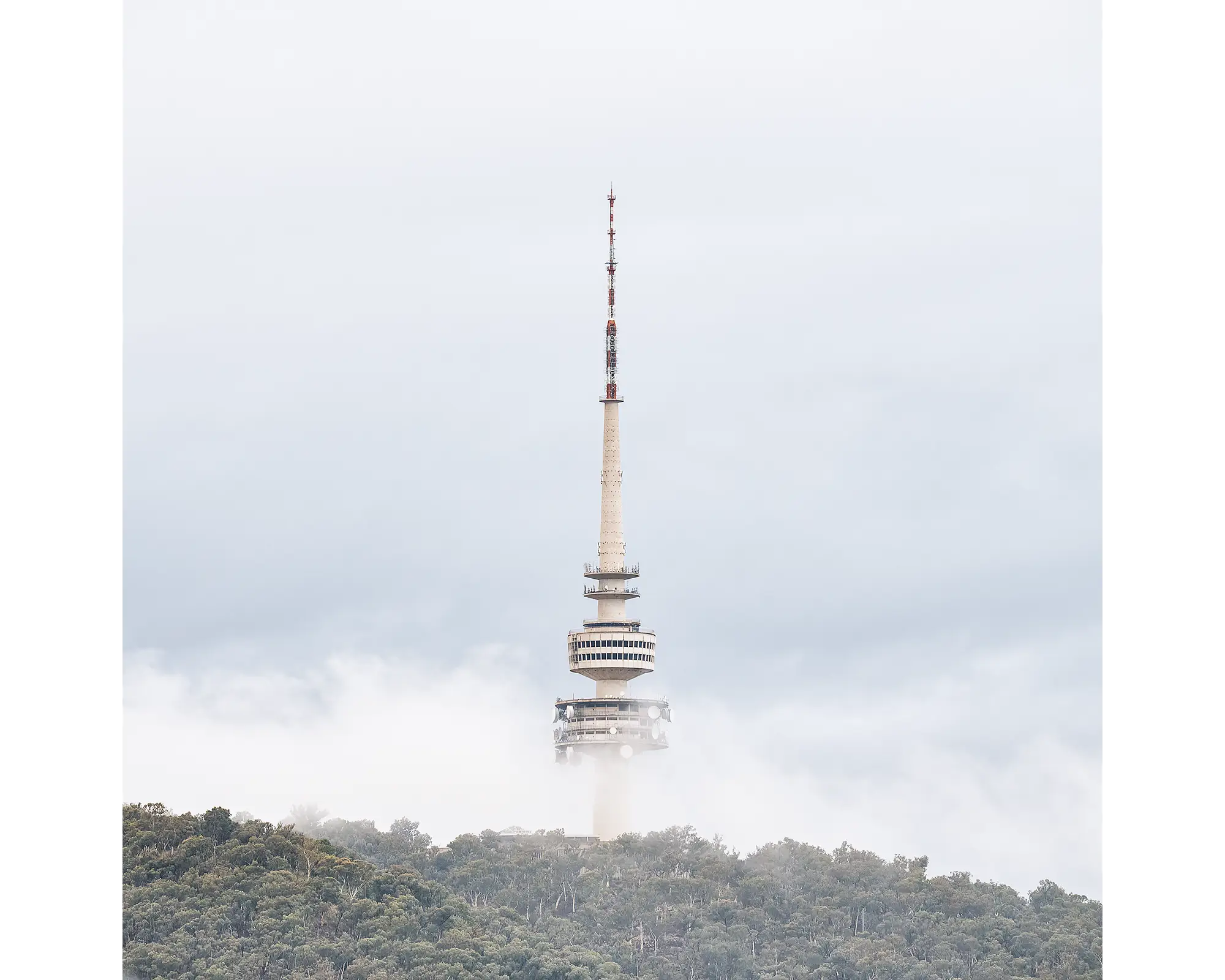 Rising acrylic block - Black Mountain and Telstra Tower in fog. 