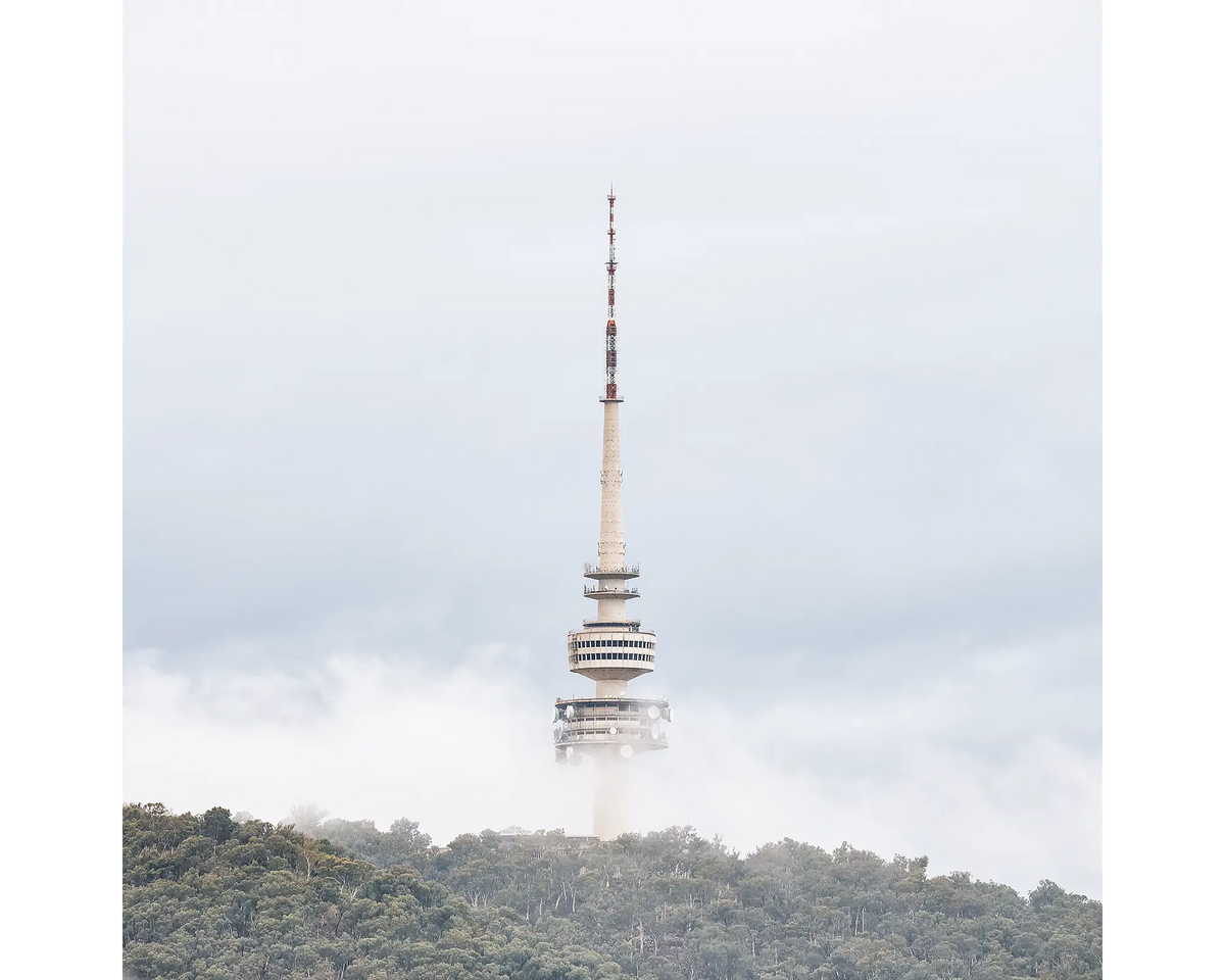 Rising. Telstra Tower on Black Mountain with fog, Canberra.