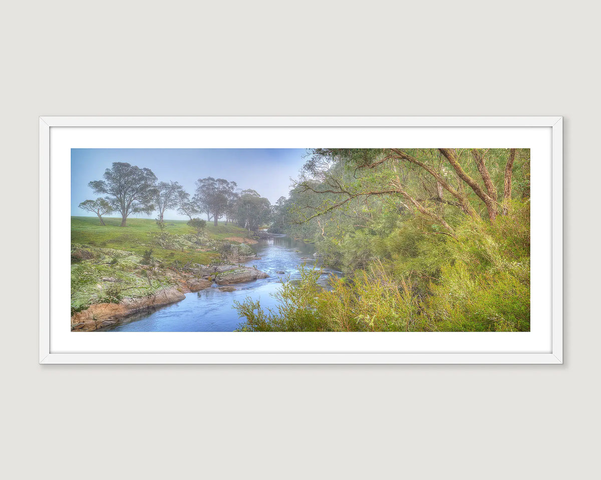 Framed artwork of a landscape with the Murray River, trees, and greenery.