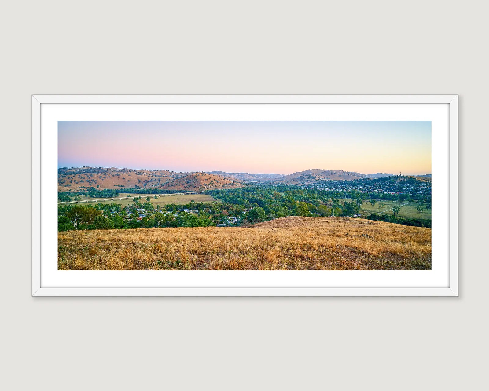 Framed landscape print of a scenic view with hills and fields towards Gundagai.