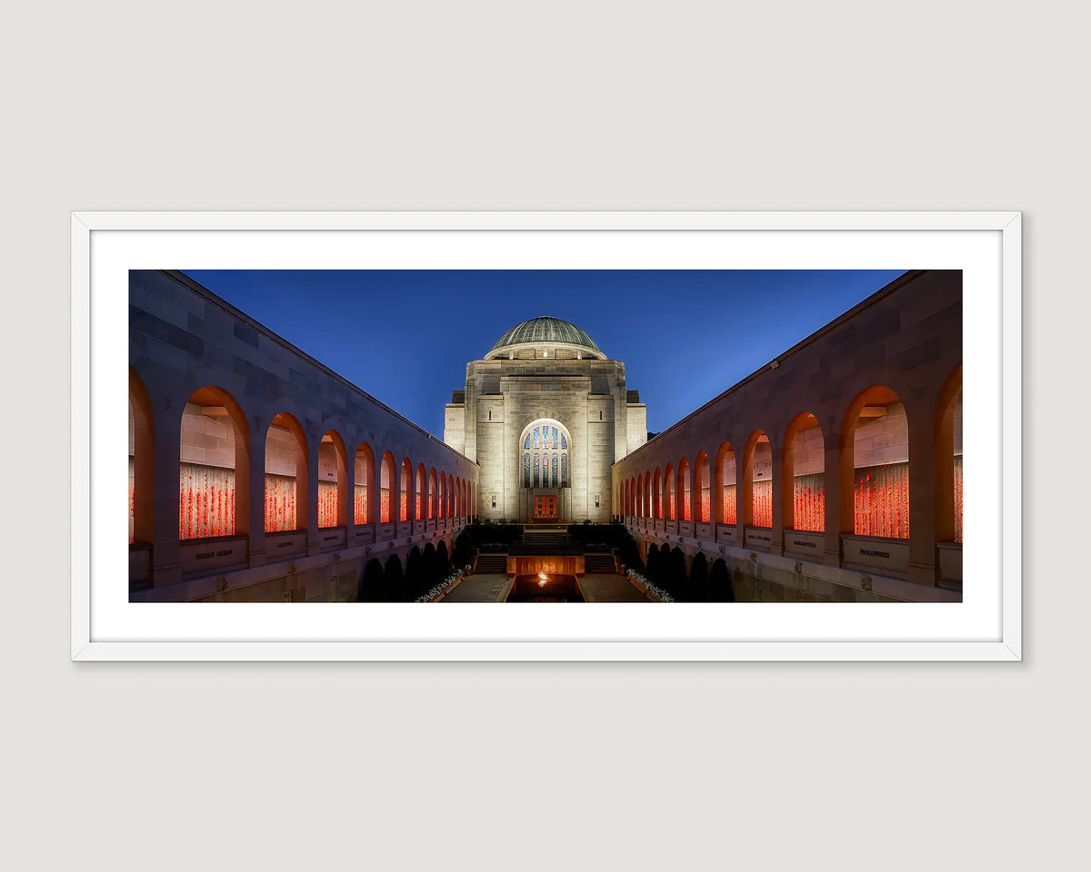 Framed photograph of the Australian War Memorial Roll of Honour at dawn.