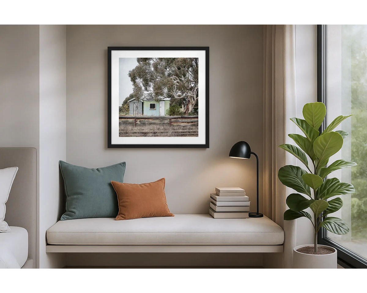 Royalla. Wall art print of Royalla Train Station with a black frame, hung in an apartment. 