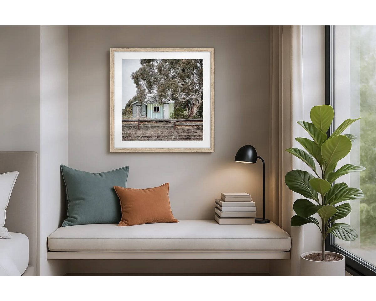 Royalla. Wall art print of Royalla Train Station with a Tassie Oak frame, hung in an apartment. 