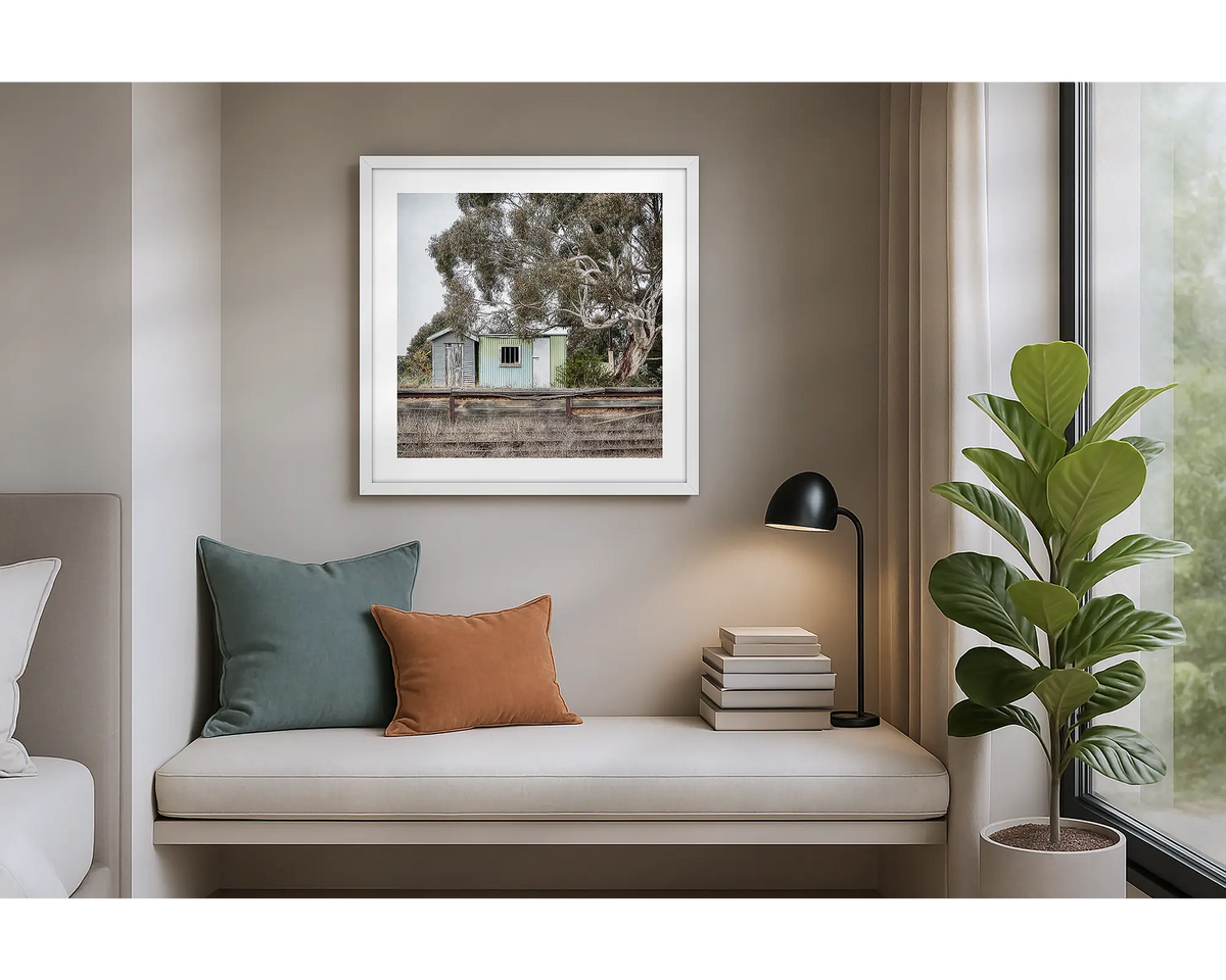 Royalla. Wall art print of Royalla Train Station with a white frame, hung in an apartment. 