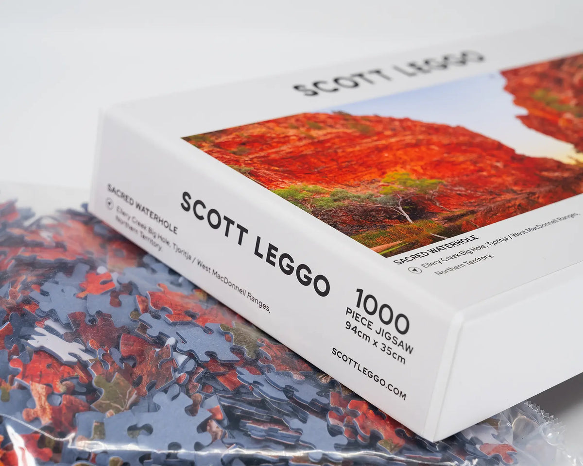 Sacred Waterhole. 1000 piece jigsaw puzzle, Northern Territory, open box showing puzzle pieces.