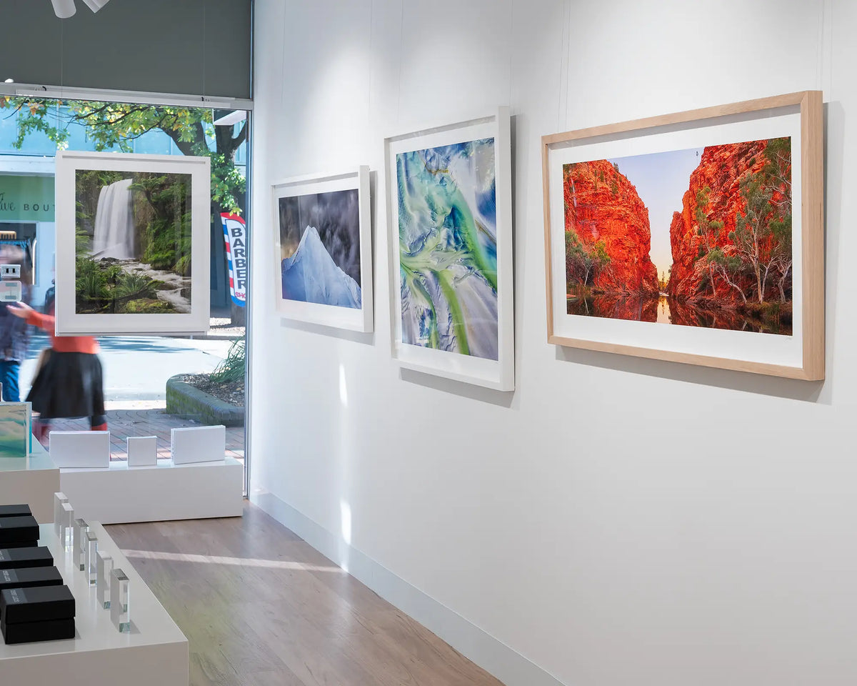Sacred Waterhole. Ellery Creek Northern Territory at sunset, hung in gallery with timber frame.