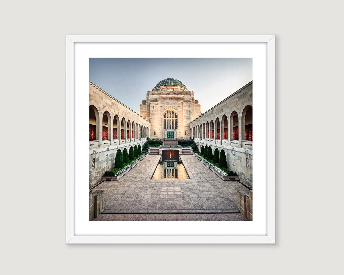 Framed photograph of the Australian War Memorial with the Pool of Reflection and Roll of Honour.