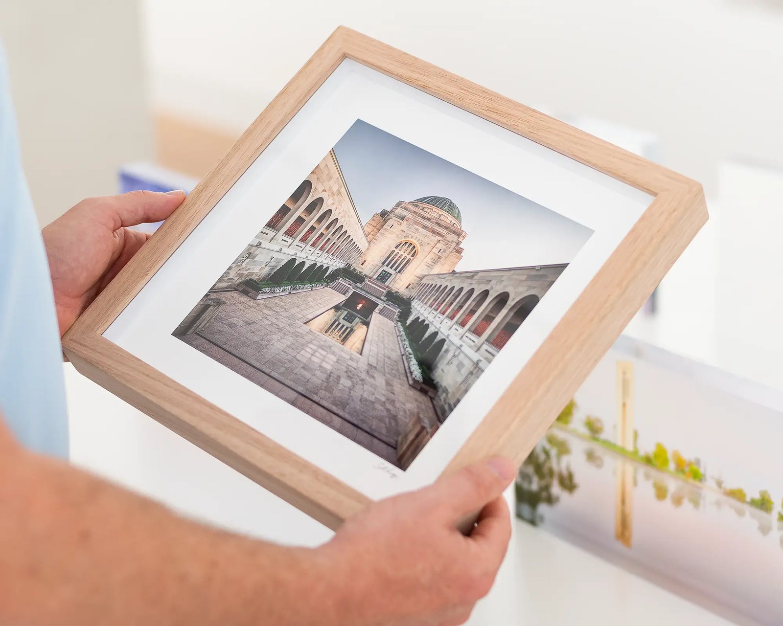 Framed photograph of the Australian War Memorial with the Pool of Reflection and Roll of Honour.